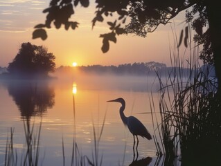 A serene lakeside where a heron in a fishermans hat catches the sunrise, creating a tranquil reflection on the water, framed by the whispers of dawn