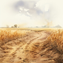 A watercolor painting of a rural road through a wheat field