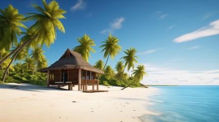 A charming small hut nestled amidst palm trees on a pristine sandy beach, with gentle waves lapping at the shore under a clear blue sky adorned with fluffy white clouds. - obrazy, fototapety, plakaty