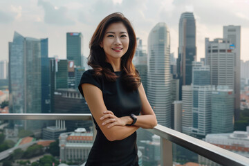 Fototapeta na wymiar Confident Singaporean Businesswoman on a Building Rooftop With the City Skyline in the Background