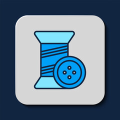 Filled outline Sewing thread on spool and button icon isolated on blue background. Yarn spool. Thread bobbin. Vector