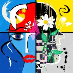  abstract background composition, with paint strokes and splashes, flower, mouth, eye, profil © Kirsten Hinte