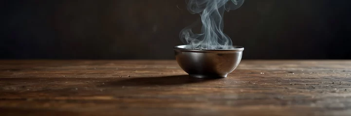 Fotobehang Steam and smoke Instant noodles in bowl on wooden table and nature light and black background, selective focus. It is a convenient and inexpensive food, but eating often is not good for health. © MDSAYDUL