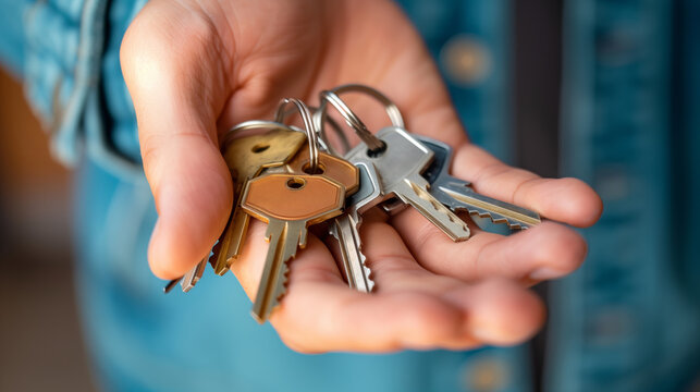 A hand person is holding a keychain with a few keys on it. a hand holding a set of keys, symbolises unity and strength, sense of community and empowerment within the context of a renters unio