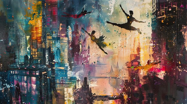 Create a dynamic scene of aerial ballet performers gracefully intertwining amidst the harsh, industrial buildings of a dystopian city using acrylic paint  Emphasize the contrast between elegance and u