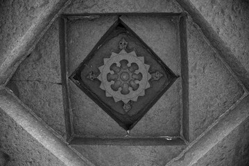 Beautiful carving on the Ceiling. Palasnath Temple. Temple is located in the backwater of Ujjani Dam. Palasdev, Pune, Maharashtra, India.