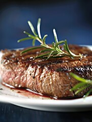 Classic steak dinner, perfectly cooked, on a white plate against a deep blue, side lighting for a luxurious feel