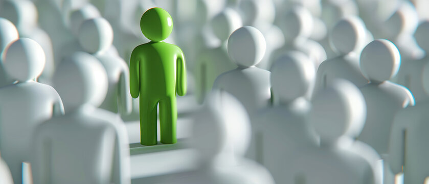 Green human shape among the white stands out from the crowd of others, symbolizes exceptionality, uniqueness and being different.