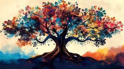 Vibrant tree colorful foliage against a warm, painterly background, whimsical tree of life art
