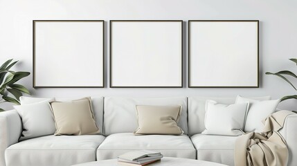 Frame Mockup Wall. Mockup frame in farmhouse living room interior. Interior mockup with rectangular vertical frame hanging on a white textured wall mockup house background.