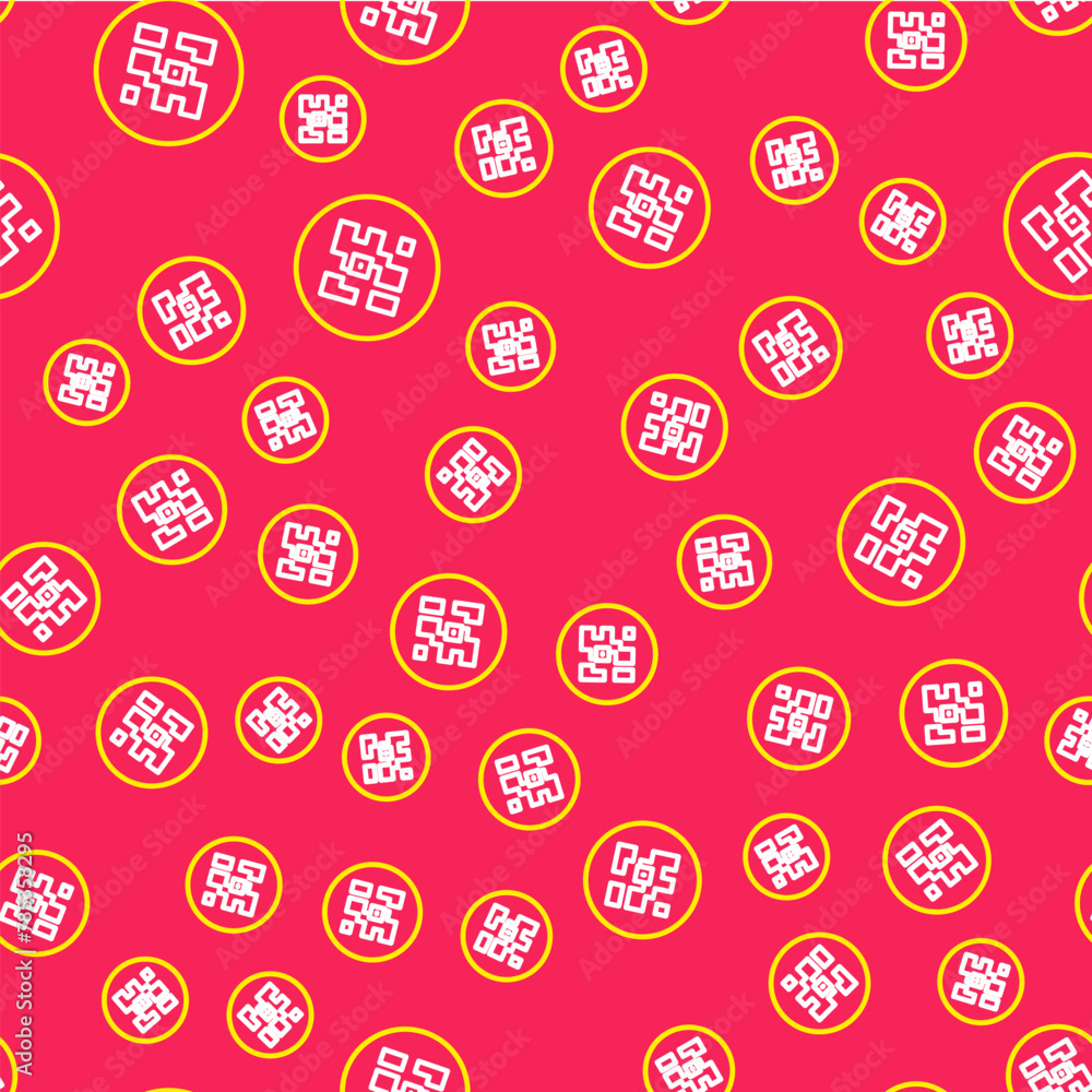 Poster line qr code sample for smartphone scanning icon isolated seamless pattern on red background. vector