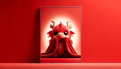 Cute Red Dragon Plush Toy in Monochrome Red generative AI
