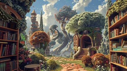 Discover a whimsical blend of low-angle perspective capturing a classic literature scene merged with the essence of video game genres Utilize surrealism art to transport viewers into a fantastical rea - obrazy, fototapety, plakaty