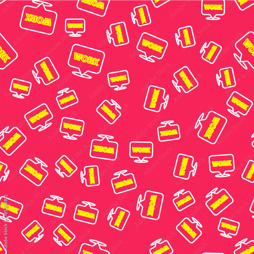 Poster line location with text work icon isolated seamless pattern on red background. vector