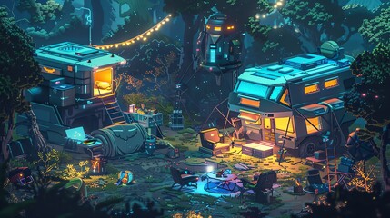 Illustrate a pixel art rendition of a high-tech outdoor camping setup seen from above in a wilderness setting Play with futuristic technologies and unique lighting effects to create a striking and ima