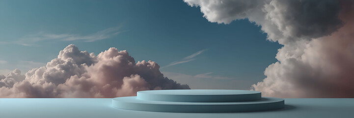Dreamy Blue Elevated Podium Set Against A Cloudscape For Product Promotion 3d Rendering