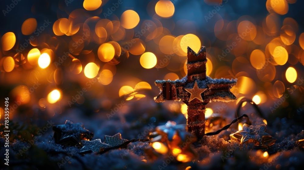Poster sparkling cross amidst festive bokeh lights - a close-up view of a glittering cross surrounded by so