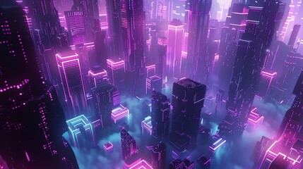 Illustrate a scene in voxel art style capturing the convergence of futuristic technologies with psychological concepts in a vast, otherworldly digital universe - obrazy, fototapety, plakaty