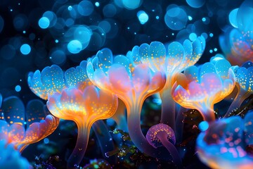 Jellyfish swimming in a festive aquarium decorated with lights, set against a backdrop of blue water with bubbles and colorful patterns, embodying the beauty of nature and marine life