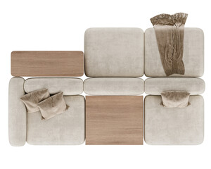 top view of fabric sofa with side tables, on transparent background	