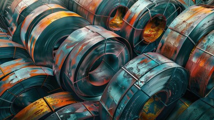 Rusty metal coils in blue and orange tones - A close-up image of intertwined rusty metal coils with a striking blue and orange color scheme that gives a sense of decay and time passage