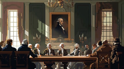 Illustrate the Signing of the Declaration of Independence in pixel art style, fusing historical importance with modern digital rendering techniques, reflecting courage and vision - obrazy, fototapety, plakaty