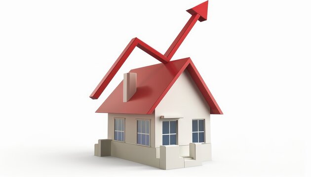 3D model of house with red arrow growing - A 3D  image showing a small house with a red arrow indicating upwards growth, symbolizing increasing real estate value