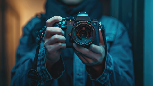 Person holding camera ready to capture - A close-up image highlighting a person holding a camera with a vintage look focusing the lens