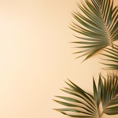 Fototapeta na wymiar Palm leaf on a beige background with copy space for text or design. A flat lay, top view. A summer vacation concept