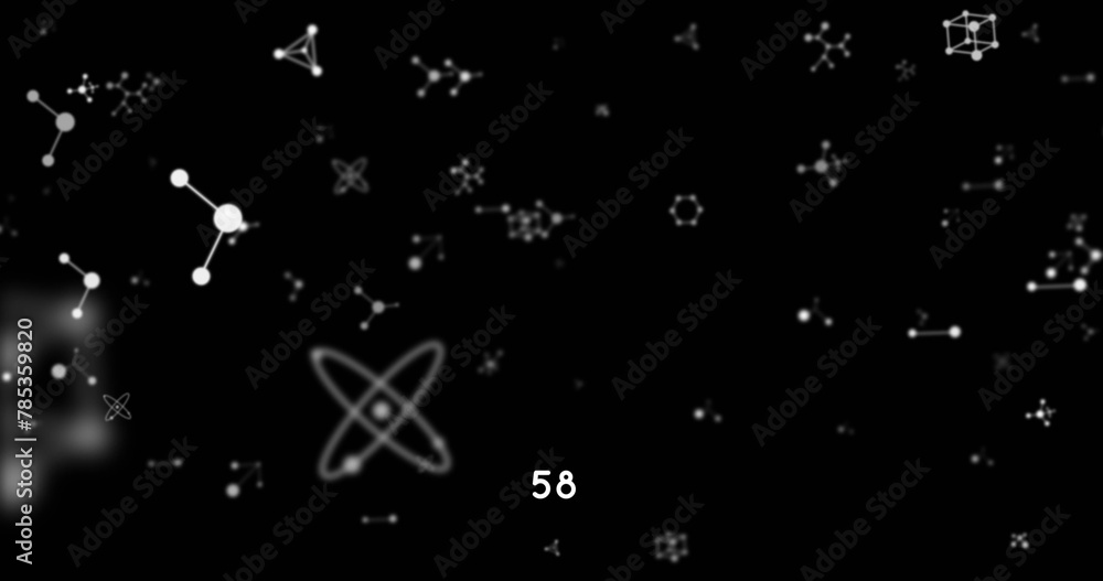 Poster digital image of increasing numbers over molecular structures floating against black background
