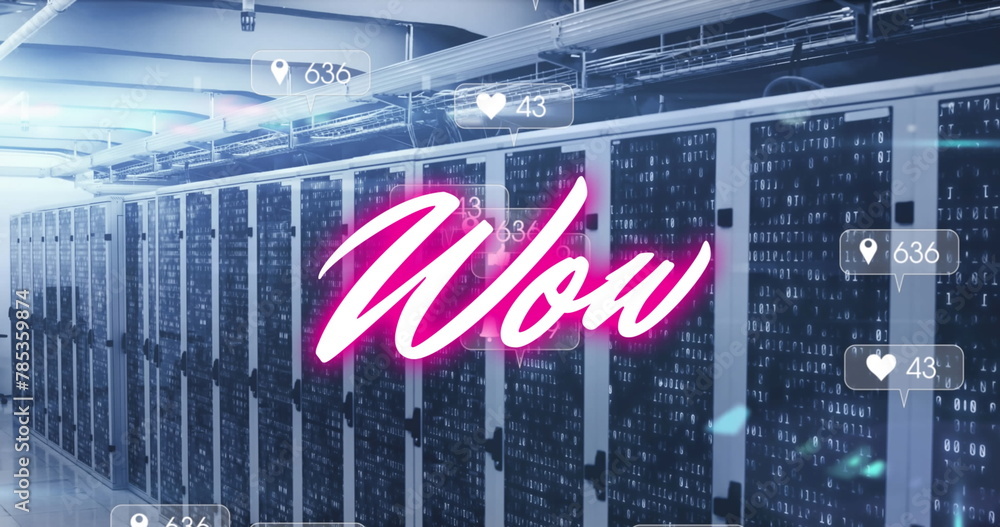 Poster image of pink text wow, with social media notifications over computer server room