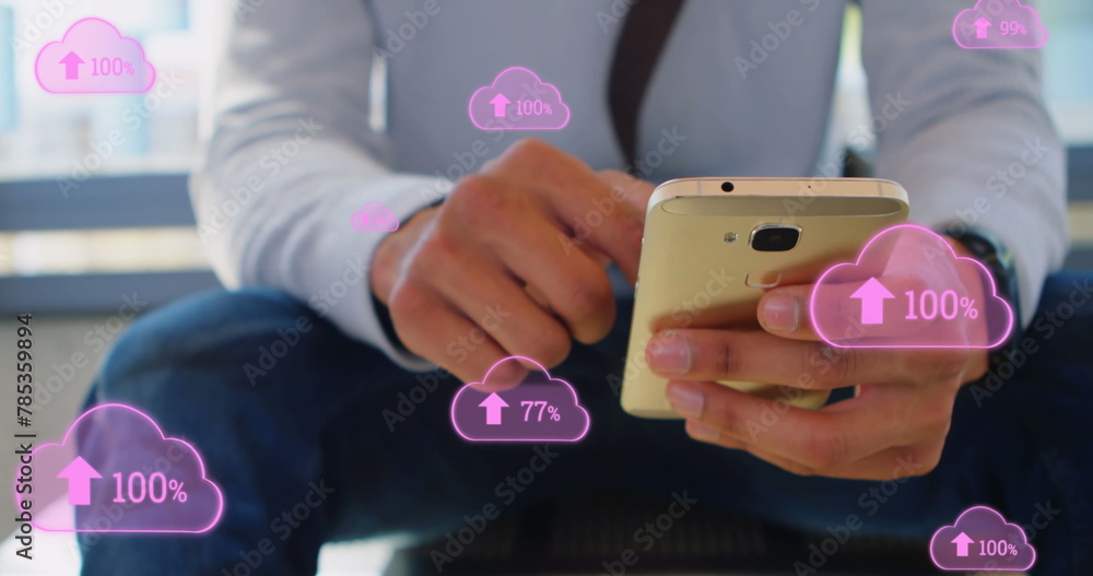 Poster image of digital clouds with percent going up over man using smartphone