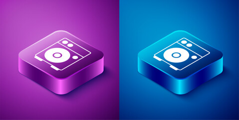 Isometric Guitar amplifier icon isolated on blue and purple background. Musical instrument. Square button. Vector - obrazy, fototapety, plakaty