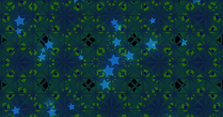 Image of blue stars over kaleidoscopic green and purple moving hypnotically in a seamless loop in th
