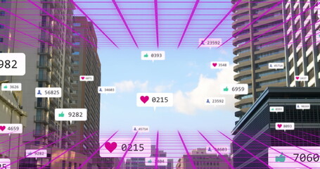 Image of social media notifications with pink grid over blue sky and city buildings