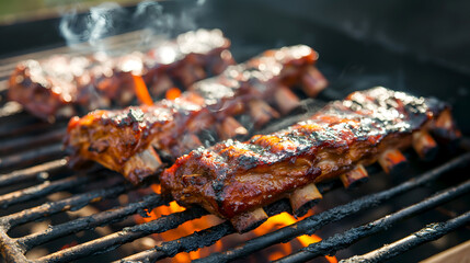 Juicy ribs grilling over an open flame on a grill. BBQ pork ribs on the grill with a shimmering glaze. Barbecue in action with pork ribs charred to perfection over coals. Ribs bbq cooking process - obrazy, fototapety, plakaty