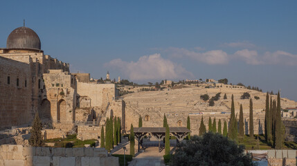 Temple Mount south wall with Al-Aqsa Mosque and archeological excavation site in Jerusalem Old City