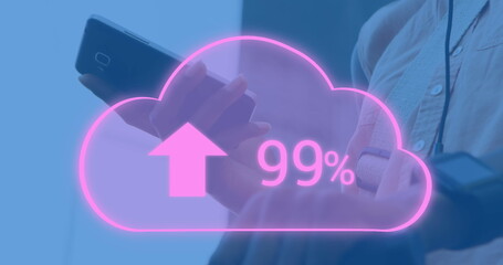 Image of digital cloud with percent going up over man using smartphone