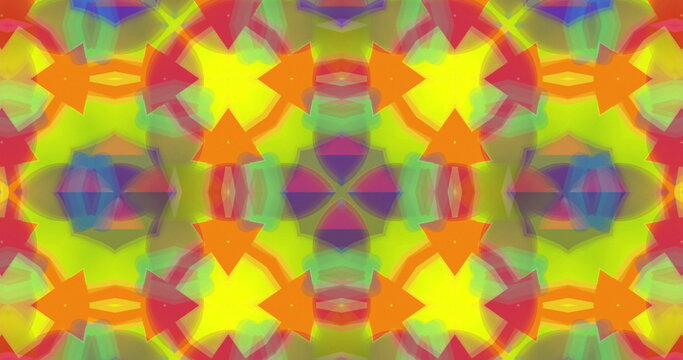Image of kaleidoscopic colourful orange, yellow, green and purple shapes moving hypnotically in a se