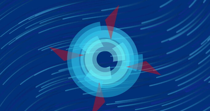 Image of pale blue rings with red sails rotating on a blue background with moving pale blue waves