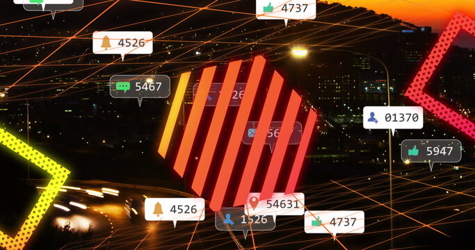 Image of orange patterns with social media notifications over city at sunset