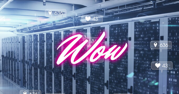 Image of pink text wow, with social media notifications over computer server room