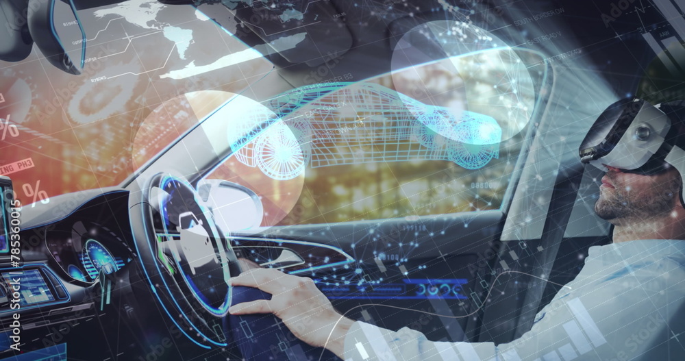 Poster image of data processing over caucasian businessman using vr headset in car
