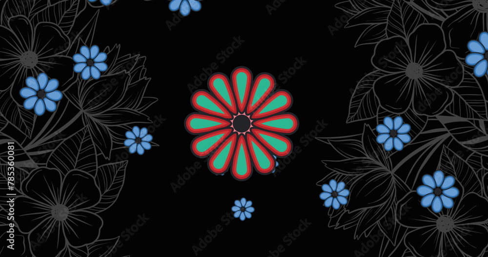 Poster digital image of multiple flower icons floating with copy space against black background