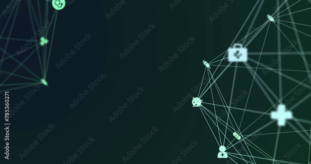 Poster image of network of connections with icons over dark background