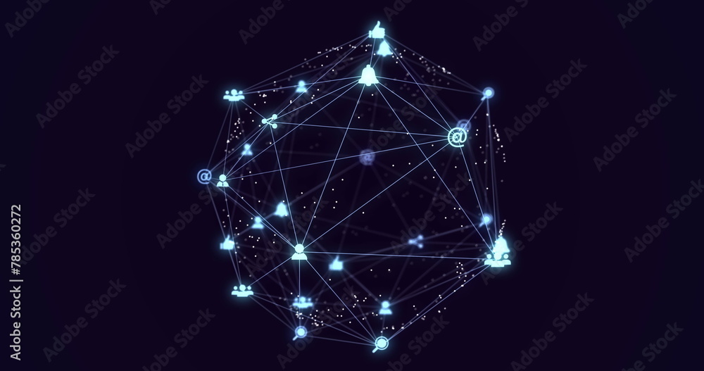 Poster image of network of connections with icons over dark background