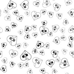 Black Healed broken heart or divorce icon isolated seamless pattern on white background. Shattered and patched heart. Love symbol. Valentines day. Vector