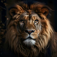 Portrait of a male lion with a beautiful mane on a dark background.