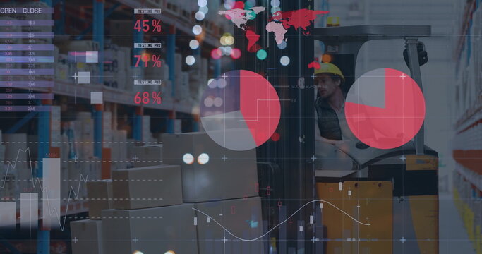Image of graphs and financial data over caucasian male warehouse worker