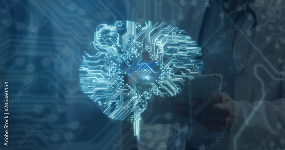Aufkleber image of brain with computer circuit board over diverse doctors